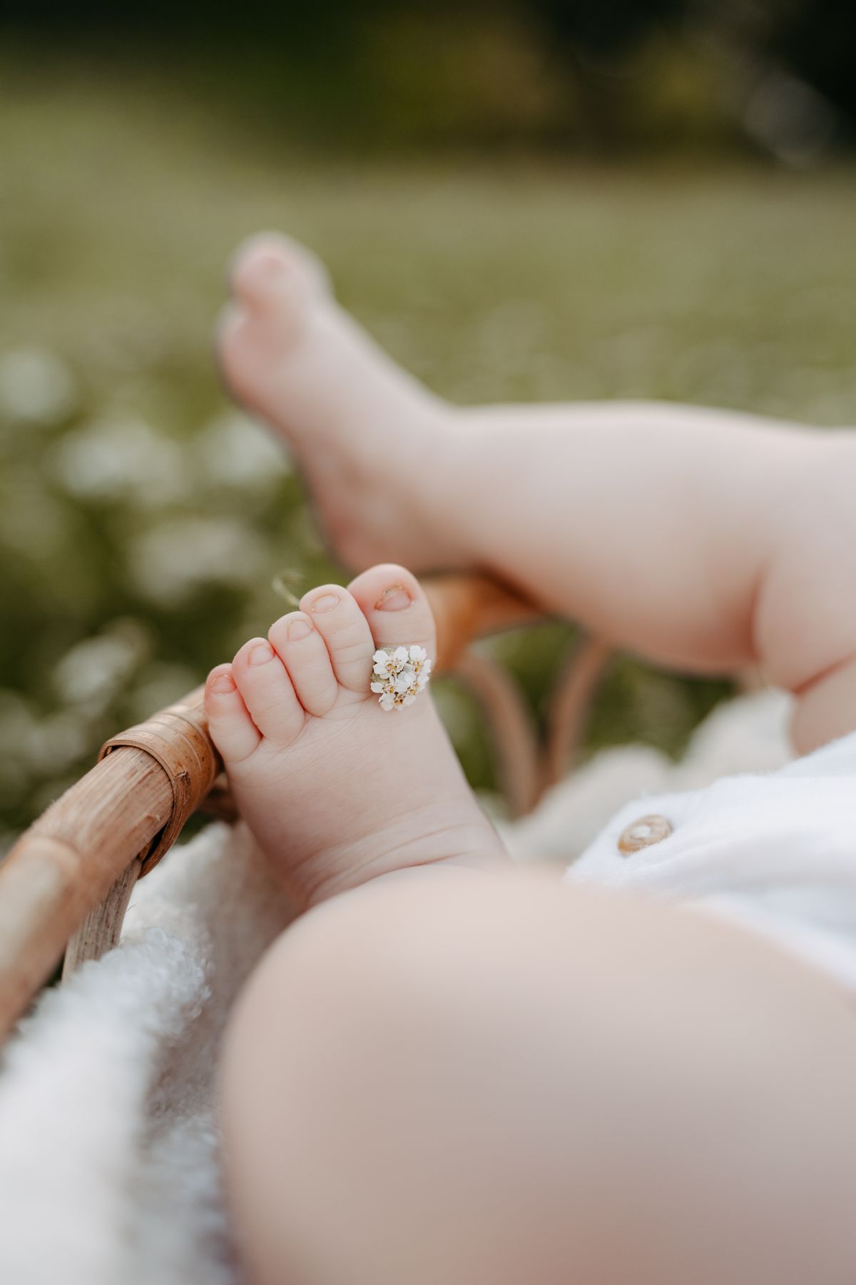 Newborn Outdoor – Babyfüße mit kleiner Blüte im Grünen